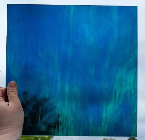 Kokomo Blue & Green Streaky Cathedral Stained Glass Sheet