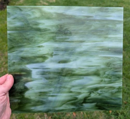 Kokomo Medium-Light Dark Olive Green & Opal Streaky Stained Glass Sheet, 86 ML