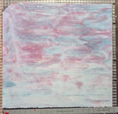 Special Production Bullseye Pink & Blue on White Stained Glass Sheet, 10x10.5"