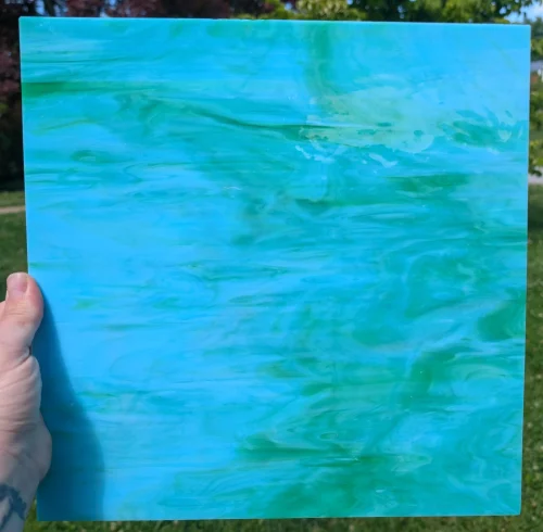 Vintage, Original Armstrong Light Blue/Light Green Opal Streaky Stained Glass Sheet, 12x12"