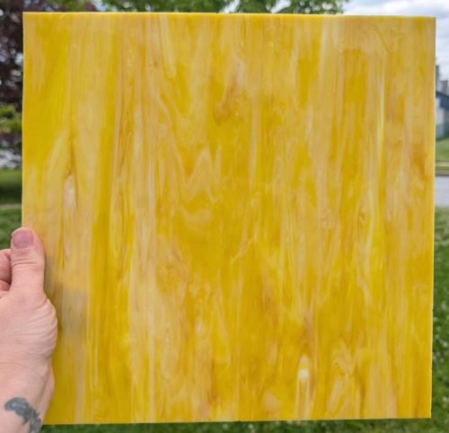 Vintage, Original Armstrong Yellow, Opal, Amber Streaky Stained Glass Sheet, 12x12"