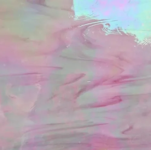 Original Spectrum IRIDIZED Pink and White Semi-Translucent Opalescent Glass, 395-IR, 8x12"