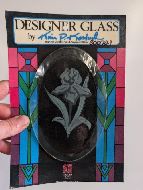 Designer Glass/Studio One Hand Engraved Iris Flower Bevel