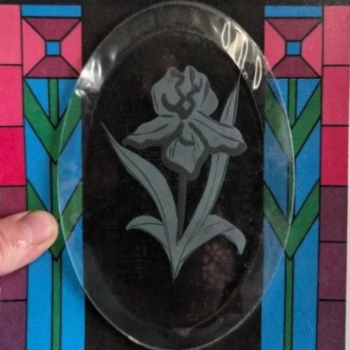 Designer Glass/Studio One Hand Engraved Iris Flower Bevel