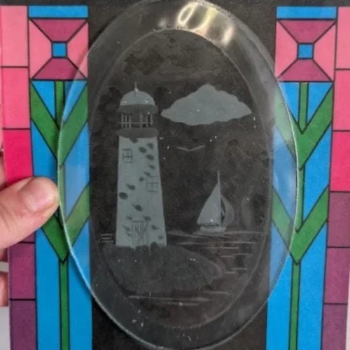 Designer Glass/Studio One Hand Engraved Lighthouse and Sail Boat Bevel