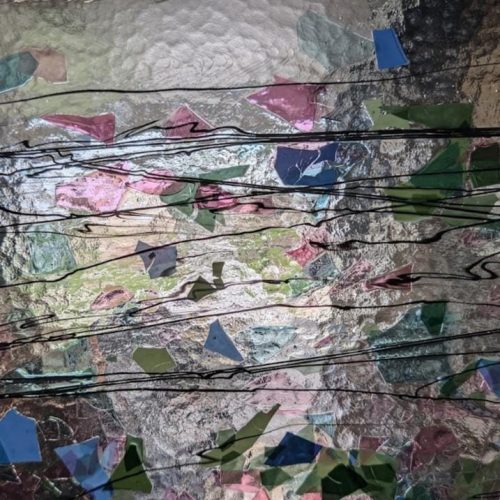 Bullseye Blue, Green, Aqua & Pink Fractures and Streamers on Clear Fusible Stained Glass, 4110, COE90, 8x10"