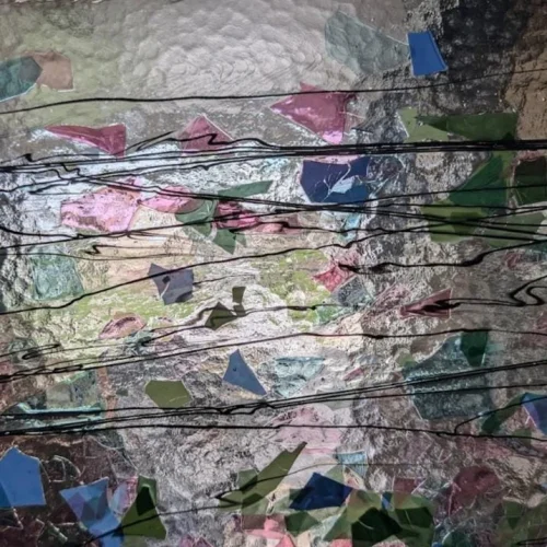 Bullseye Blue, Green, Aqua & Pink Fractures and Streamers on Clear Fusible Stained Glass, 4110, COE90, 8x10"