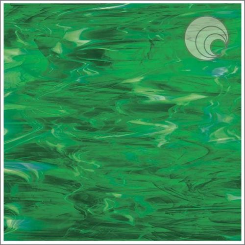 Oceanside Dark Green/White Wispy, "Emerald" Fusible Stained Glass Sheet, COE 96, 329-6S, 12x12"