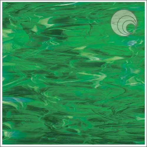 Oceanside Dark Green/White Wispy, "Emerald" Fusible Stained Glass Sheet, COE 96, 329-6S, 12x12"
