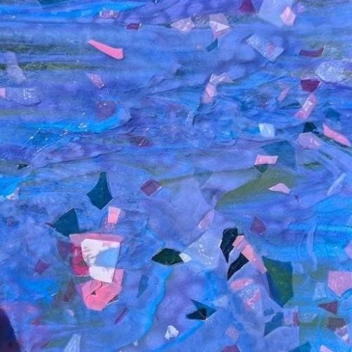 Vintage Bullseye Neo-Lavender, Azure Blue and Pink Fracture Stained Glass Sheet, 3446, 9x10"