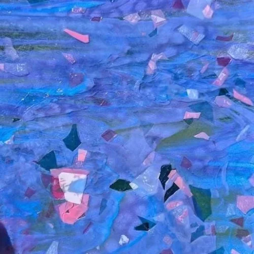 Vintage Bullseye Neo-Lavender, Azure Blue and Pink Fracture Stained Glass Sheet, 3446, 9x10"